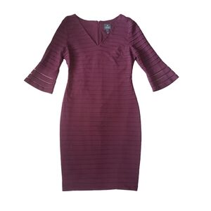Adrianna Papell Burgundy Ribbed 3/4 Sleeve V-neck Sheath Dress